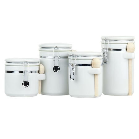 Home Basics 4 Piece Ceramic Canister Set with Wooden Spoons, White CS44154